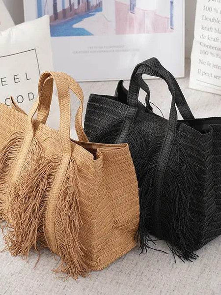 Babe Beachwear Super Boho Fringe Woven Tote bag in tan and black with decorative fringes