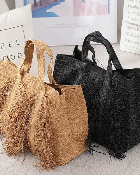 Babe Beachwear Super Boho Fringe Woven Tote bag in tan and black with decorative fringes