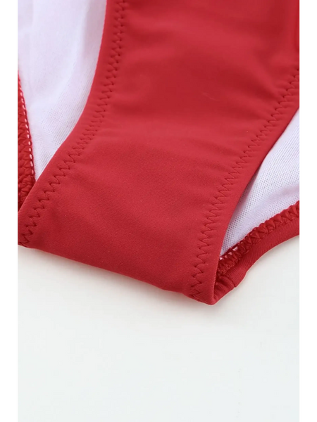 Close-up of red supportive halter bikini for women bottom with detailed stitching by Beach Babes