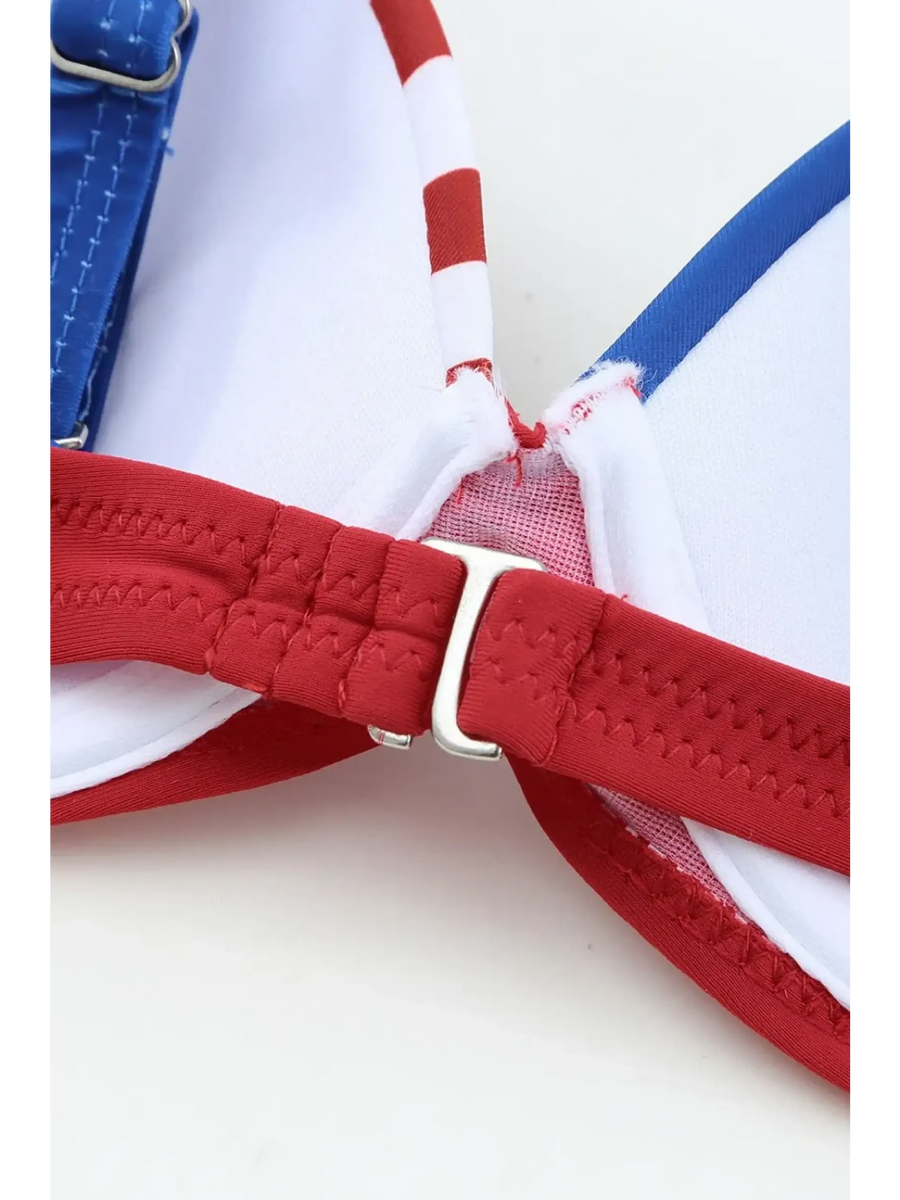 Close-up of Beach Babes supportive halter bikini for women in red white and blue with adjustable clasp