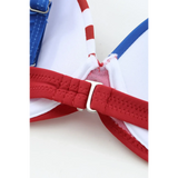 Close-up of Beach Babes supportive halter bikini for women in red white and blue with adjustable clasp
