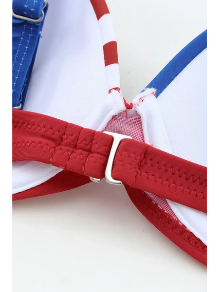 Close-up of Beach Babes supportive halter bikini for women in red white and blue with adjustable clasp