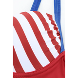 Close-up of Beach Babes supportive halter bikini for women with red and white stripes and blue straps