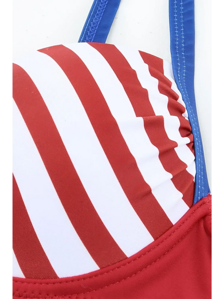 Close-up of Beach Babes supportive halter bikini for women with red and white stripes and blue straps