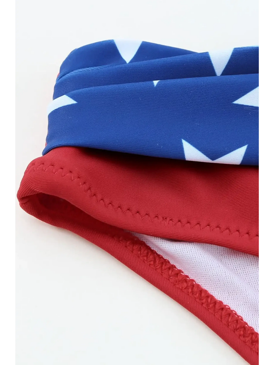 Beach Babes supportive halter bikini for women featuring red and blue star-patterned fabric close-up