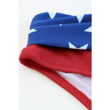 Beach Babes supportive halter bikini for women featuring red and blue star-patterned fabric close-up