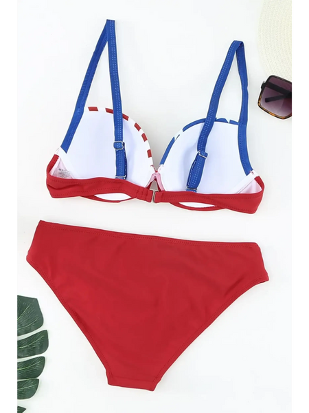 Beach Babes red supportive halter bikini for women with blue adjustable straps and classic fit