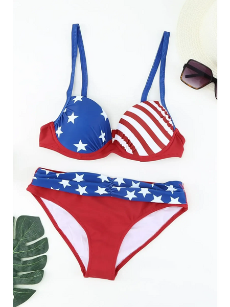 Beach Babes patriotic supportive halter bikini for women with stars and stripes design
