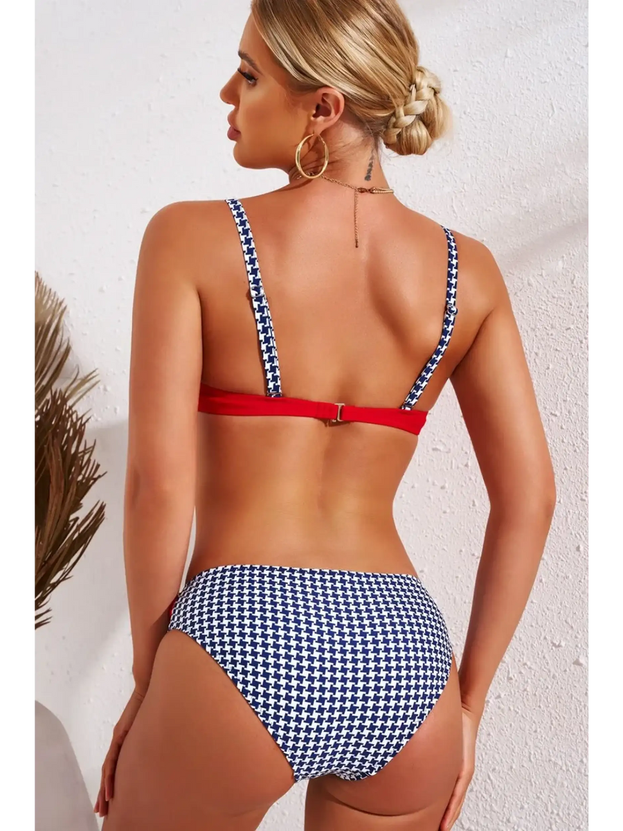 Beach Babes supportive halter bikini for women with navy and white patterned bottoms and red top back view
