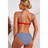 Beach Babes supportive halter bikini for women with navy and white patterned bottoms and red top back view