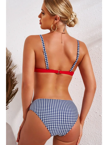 Beach Babes supportive halter bikini for women with navy and white patterned bottoms and red top back view