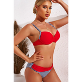 Beach Babes supportive halter bikini for women in red and black houndstooth pattern with adjustable straps
