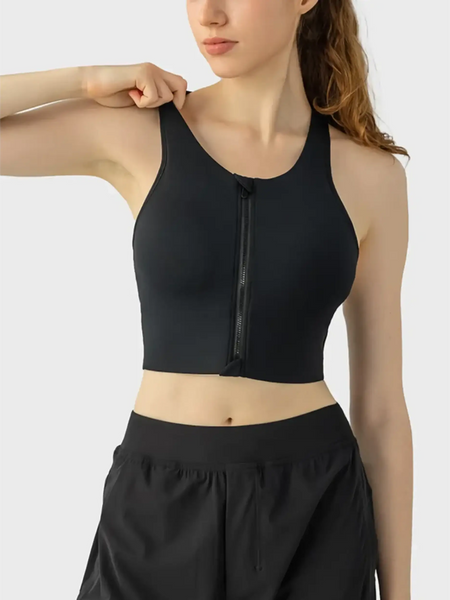 Trendsi black supportive workout bra for women with front zipper and racerback design