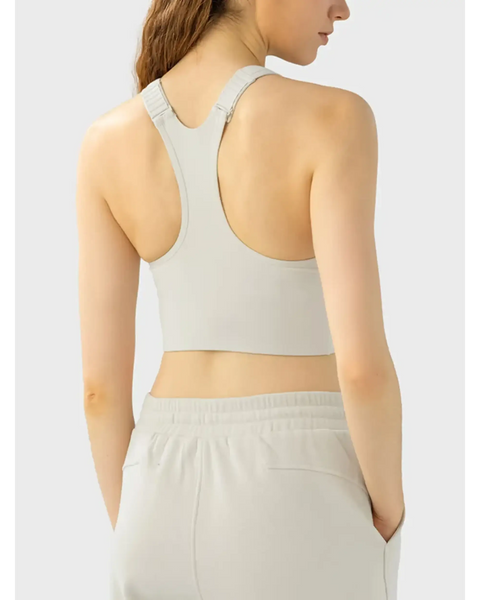 Trendsi supportive workout bra for women in light gray with racerback design