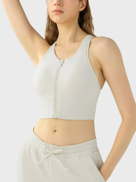 Trendsi supportive workout bra for women in light gray with front zipper and racerback design