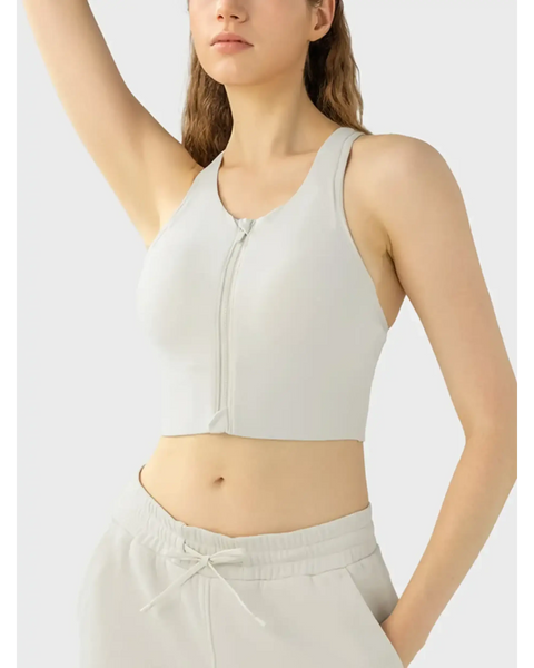 Trendsi supportive workout bra for women in light gray with front zipper and racerback design
