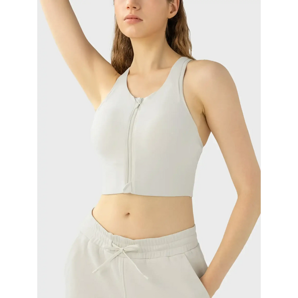 Trendsi supportive workout bra for women in light gray with front zipper and racerback design