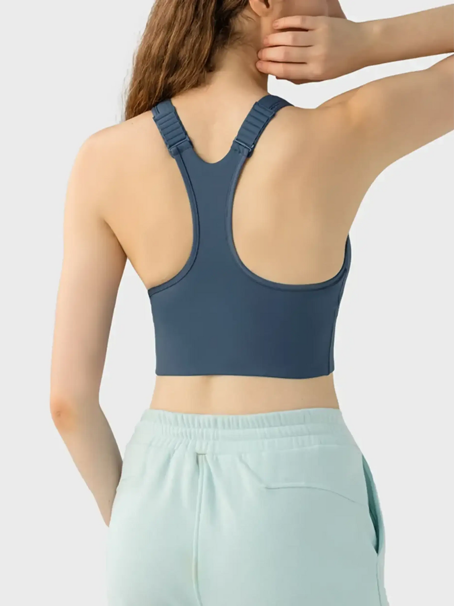 Back view of Trendsi supportive workout bra for women in dark blue with racerback design