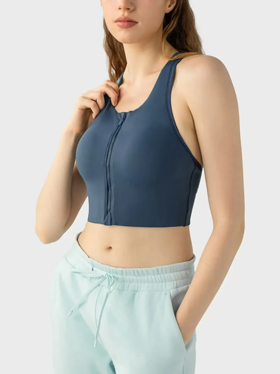 Trendsi supportive workout bra for women in dark blue with front zipper and racerback design