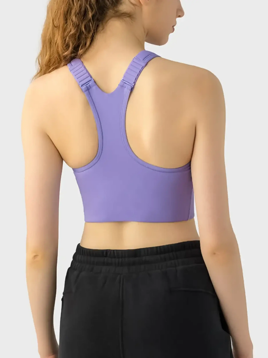Trendsi purple supportive workout bra for women with racerback design shown from the back