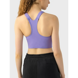 Trendsi purple supportive workout bra for women with racerback design shown from the back
