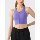 Trendsi purple supportive workout bra for women with front zipper and racerback design