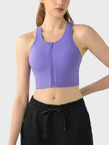 Trendsi purple supportive workout bra for women with front zipper and racerback design