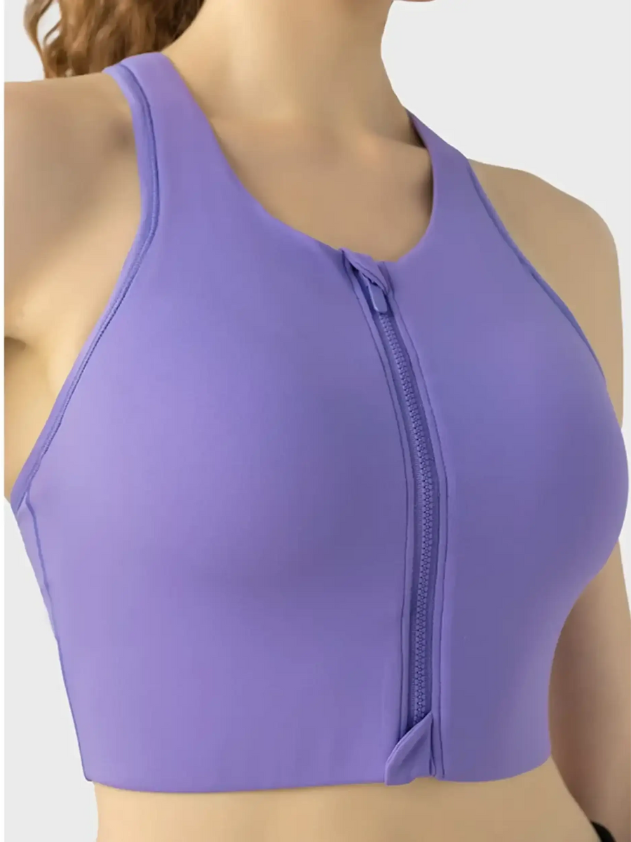 Trendsi purple supportive workout bra for women with front zipper and wide straps