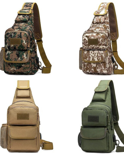 Babe Beachwear tactical bag for men in camo green, desert camo, tan, and olive green colors with multiple pockets