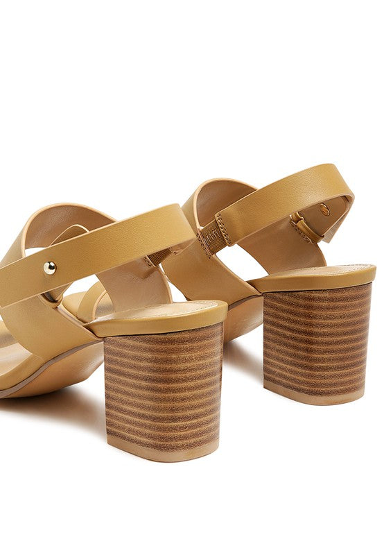 Rag Company tan slingback block heel sandals with wide straps and wooden stacked heels