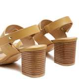 Rag Company tan slingback block heel sandals with wide straps and wooden stacked heels