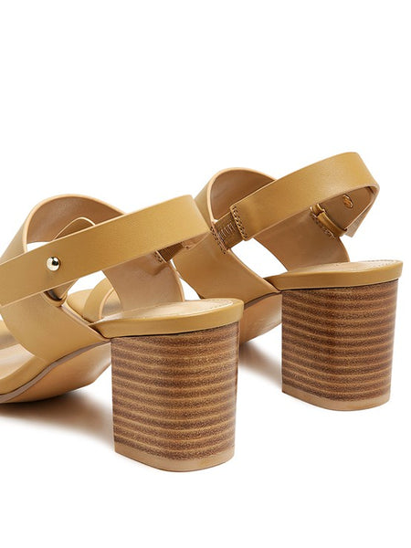 Rag Company tan slingback block heel sandals with wide straps and wooden stacked heels