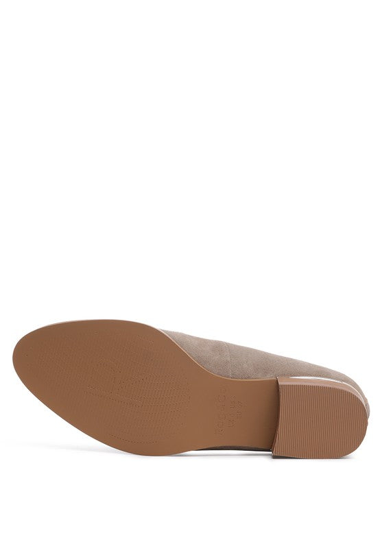 Sole view of Rag Company black genuine leather loafers showcasing durable brown outsole and heel