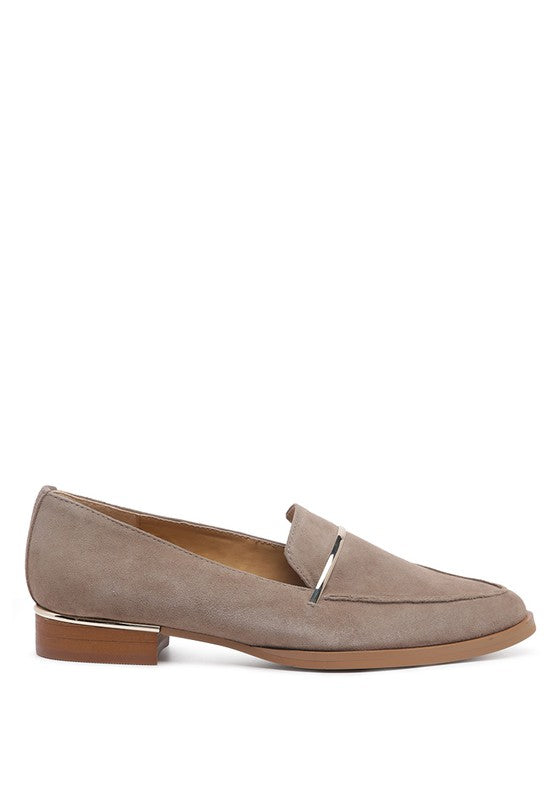 Rag Company taupe suede loafers with low heel and silver accent detail