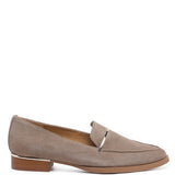 Rag Company taupe suede loafers with low heel and silver accent detail