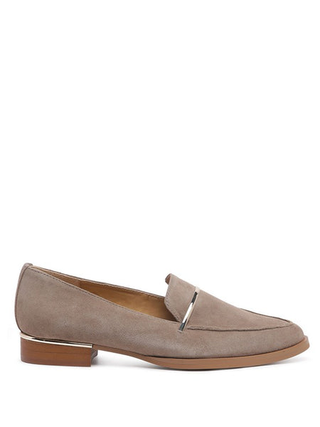 Rag Company taupe suede loafers with low heel and silver accent detail