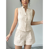 Trendsi textured resort vest and short set in light beige with sleeveless button-up vest and matching shorts
