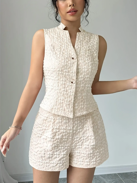 Trendsi textured resort vest and short set in light beige with sleeveless button-up vest and matching shorts