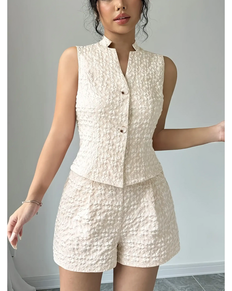 Trendsi textured resort vest and short set in light beige with sleeveless button-up vest and matching shorts