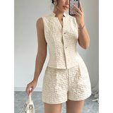 Trendsi textured resort vest and short set in cream with sleeveless vest and high-waist shorts