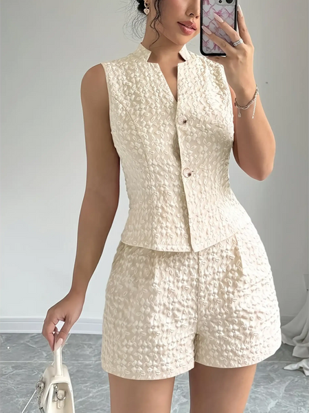 Trendsi textured resort vest and short set in cream with sleeveless vest and high-waist shorts