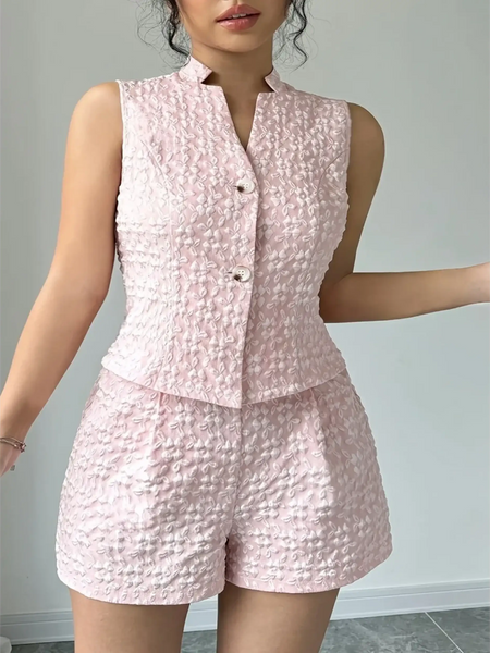 Trendsi textured resort vest and short set in light pink with sleeveless vest and high-waisted shorts