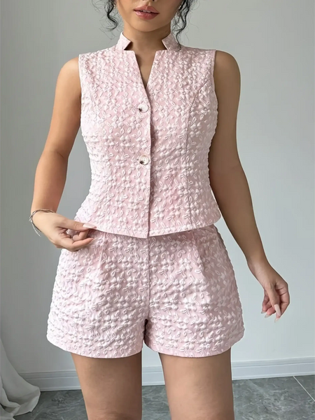 Trendsi textured resort vest and short set in light pink sleeveless vest with matching high-waisted shorts