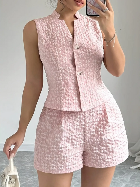 Trendsi textured resort vest and short set in light pink with button front and sleeveless design
