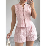 Trendsi pink textured resort vest and short set with sleeveless button-up vest and high-waisted shorts