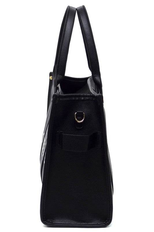 Side view of a black large beach tote bag for women with long handles and a sleek design