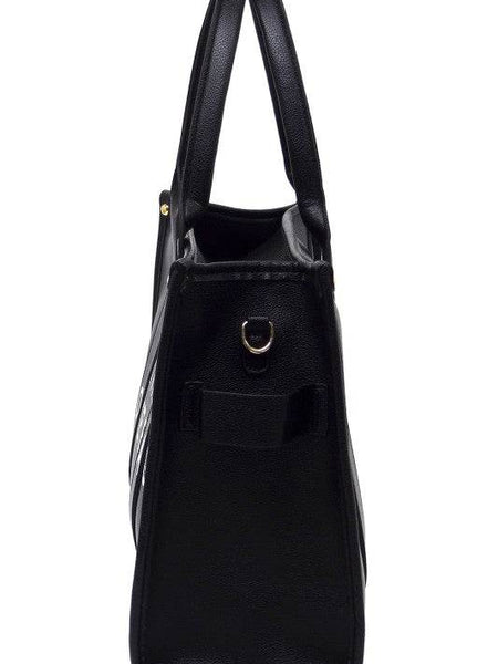 Side view of a black large beach tote bag for women with long handles and a sleek design