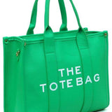 Green large beach tote bag for women with white lettering and double handles by Fashion World