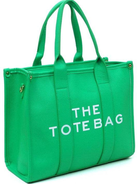Green large beach tote bag for women with white lettering and double handles by Fashion World