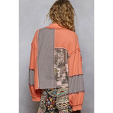 Trendsi co-ords featuring a trendy summer layering shirt for women with patchwork design in orange and patterns
